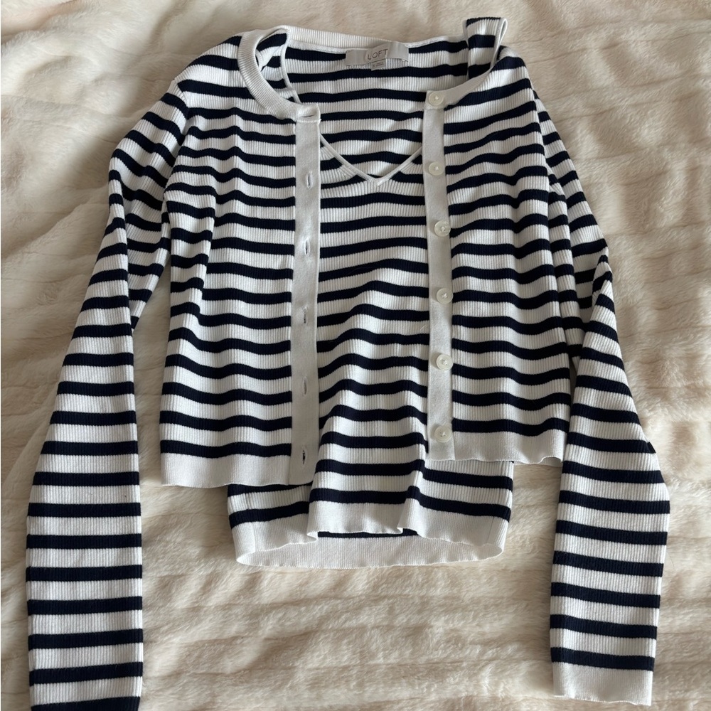 LOFT Navy and White Striped Cardigan and tank top 2 piece.